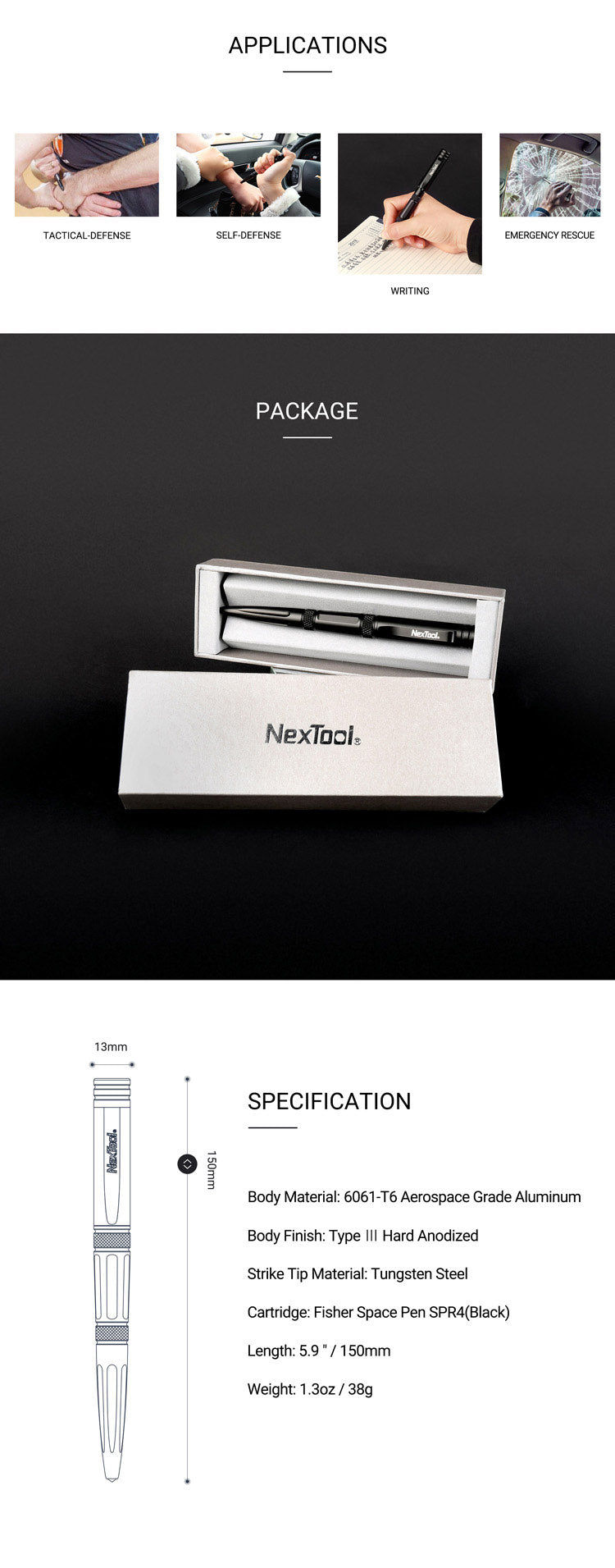 NexTool Guardian 6061-T6 Aluminium Tactical Pen with Tungsten Glass Breaker and Fisher Space Pen Cartridge