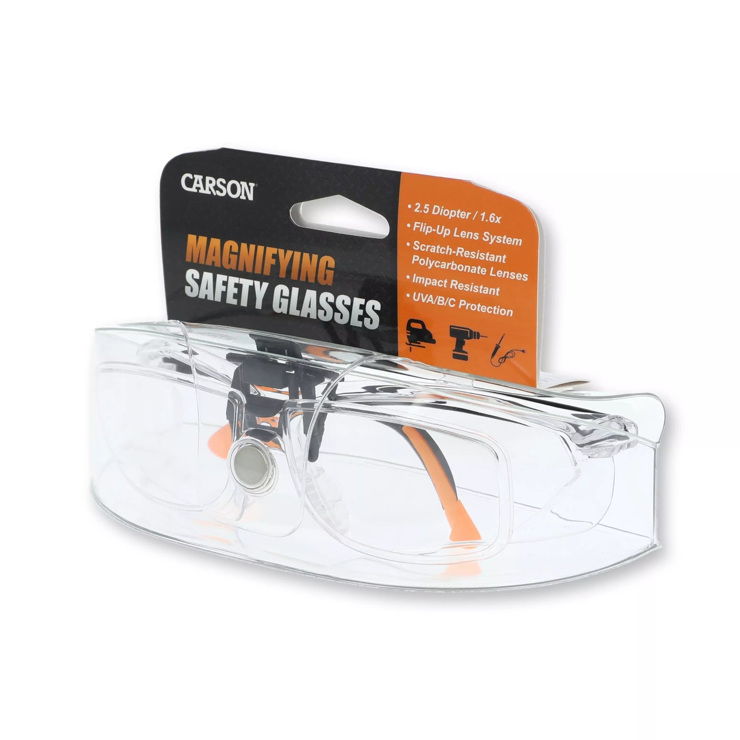 Carson Safety Glasses +2.5 Diopter 1.6x Magnifier Flip-Up Scratch-Resistant Lens VM-20