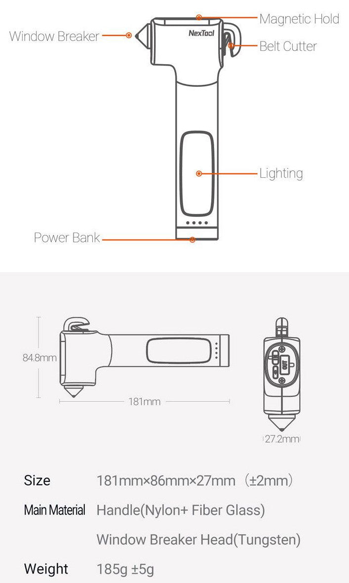 NexTool Multi Functional Rescue Hammer / Belt-Cutter / 150LM Light / USB-C 2600mAh Power Bank