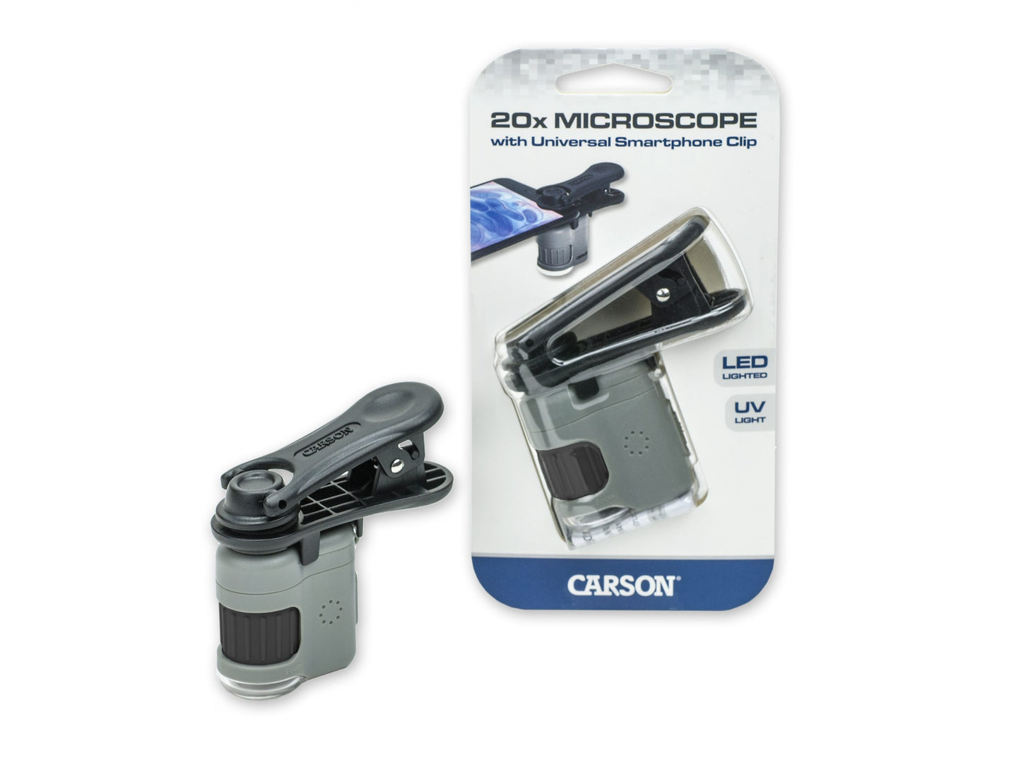 Carson MicroMini™ 20x LED Lighted Pocket Microscope with Built-in LED and UV Flashlight, Smartphone Digiscoping Adapter Clip MM-380