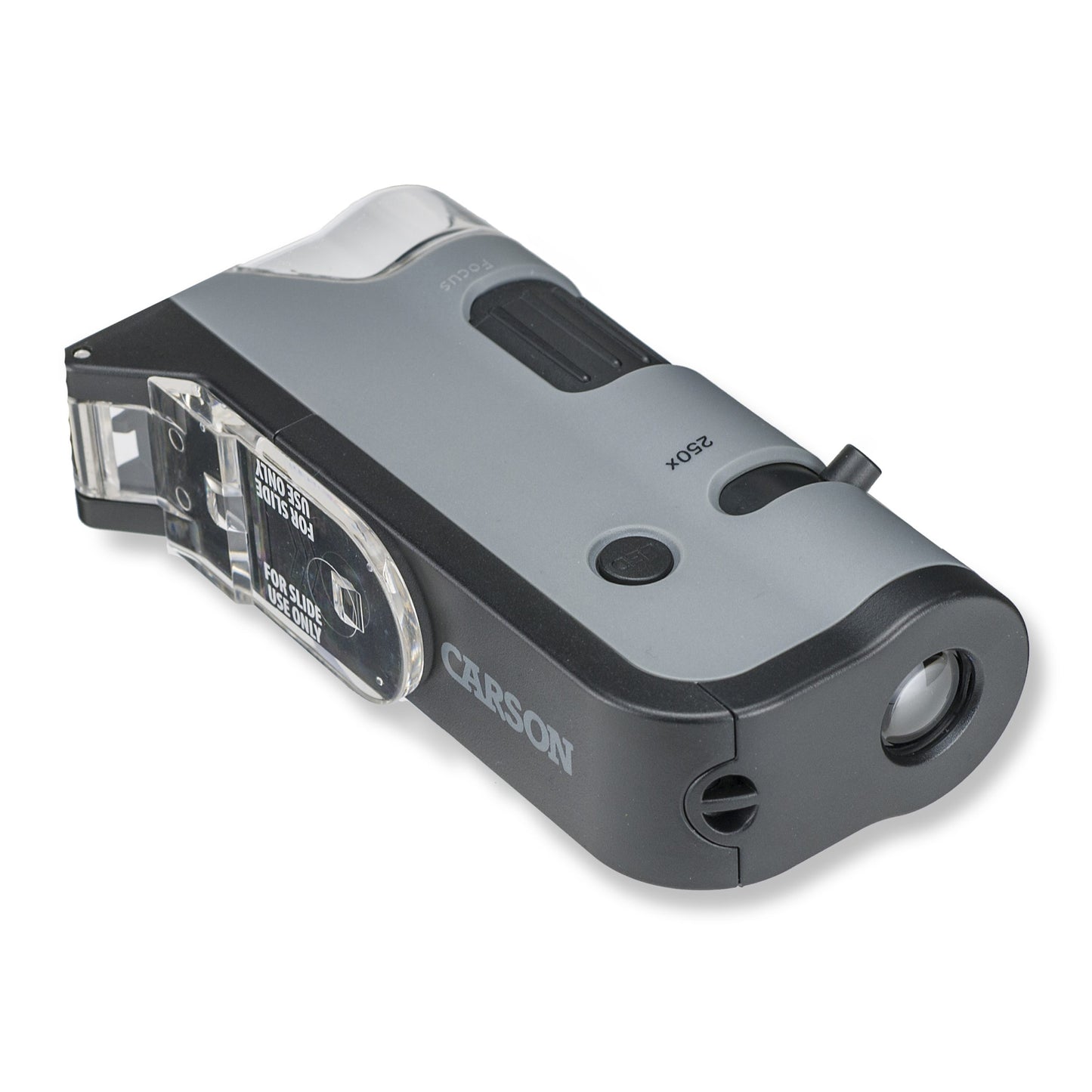Carson MicroFlip™ 100x-250x LED, UV Lighted Pocket Microscope, Flip Down Slide Base, Smartphone Digiscoping Clip MP-250