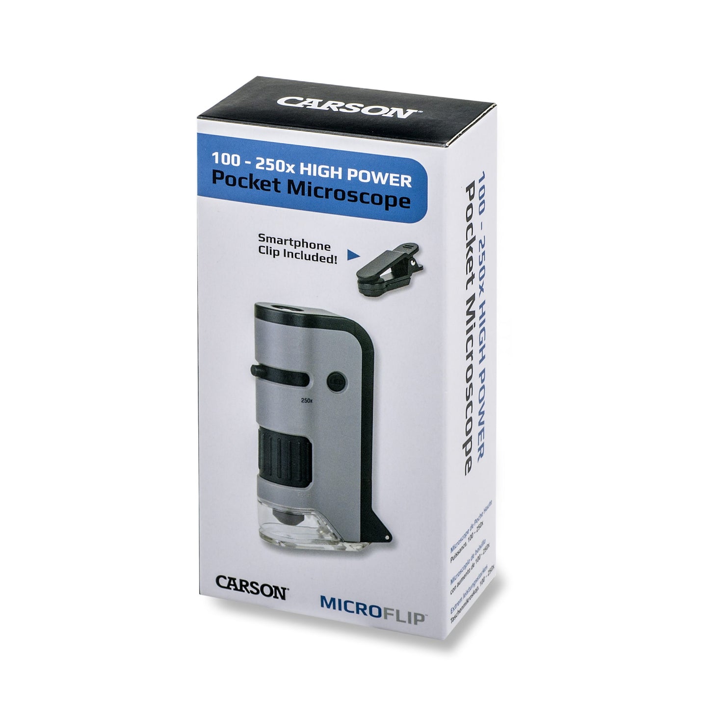 Carson MicroFlip™ 100x-250x LED, UV Lighted Pocket Microscope, Flip Down Slide Base, Smartphone Digiscoping Clip MP-250
