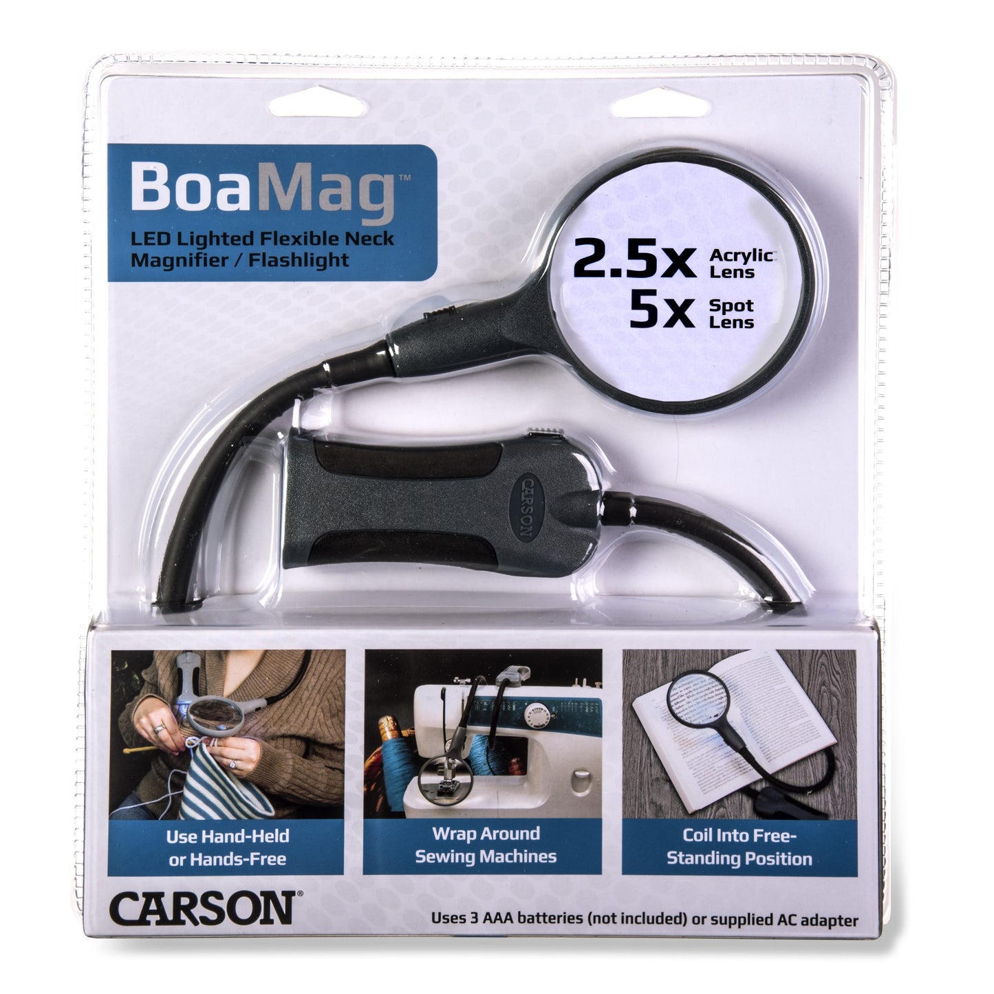 Carson BoaMag™ 2.5x Power 90mm LED Lighted Flexible Hands-Free / Neck Magnifier with Flashlight SM-22