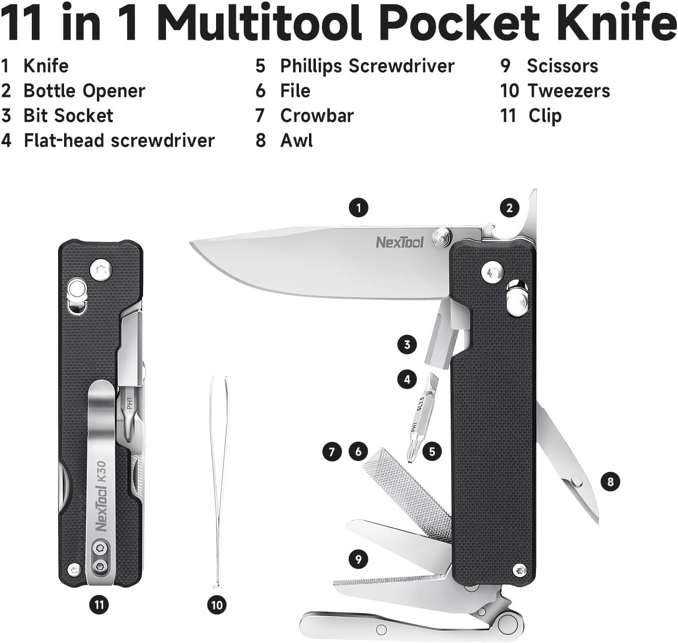 NexTool Knight K30 Sandvik 14C28N Axis-Lock Multi-Tool 11 Functions with S2 Bit Kit