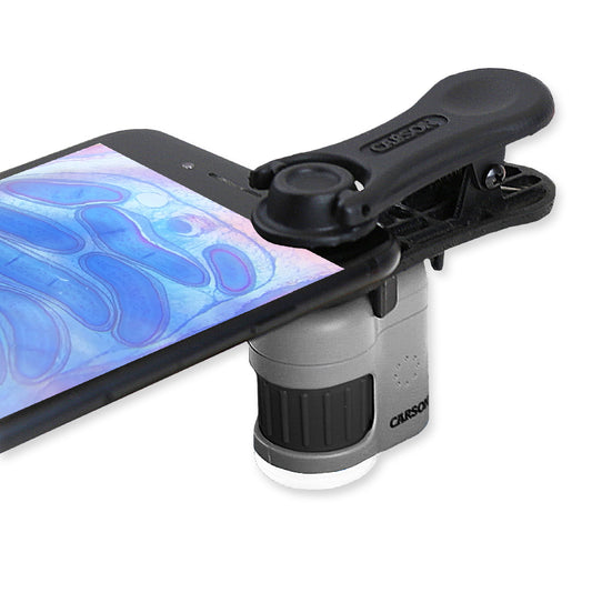 Carson MicroMini™ 20x LED Lighted Pocket Microscope with Built-in LED and UV Flashlight, Smartphone Digiscoping Adapter Clip MM-380